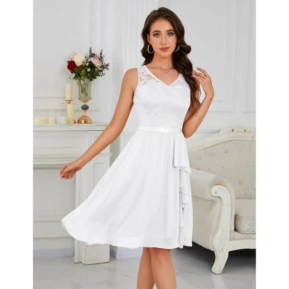 Women's White-lace Chiffon Handkerchief Hem Lace Fancy Prom Cocktail Party  Dress